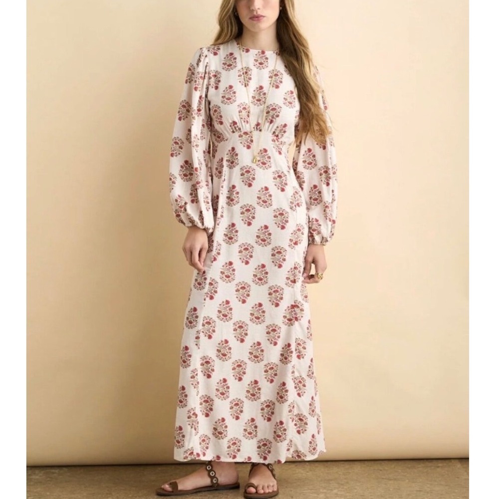 Sonmer Daniela Dress Womens Large White Red Floral Boho Maxi Empire Jacquard